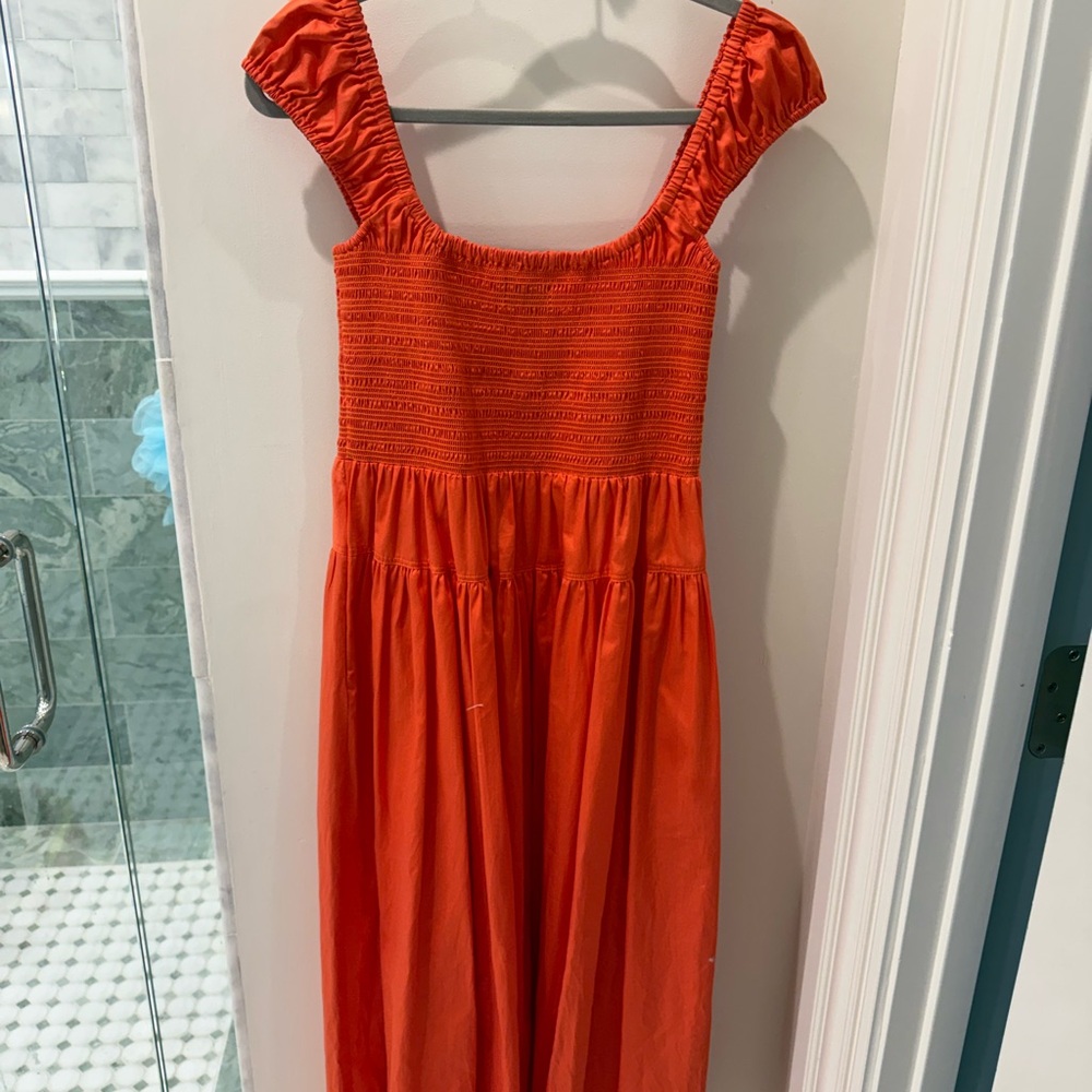 La Ligne Bright Orange Smocked Maxi Dress
